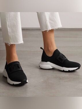 Authentic Tod’s "Kate" Dark Gray Stretch Knit Fabric Sneakers With Leather Trim